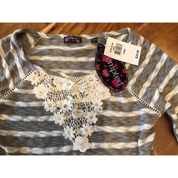 NEW Tempted Girls Light Sweater with Lace - Large Grey and White Stripes - Picture 2 of 2